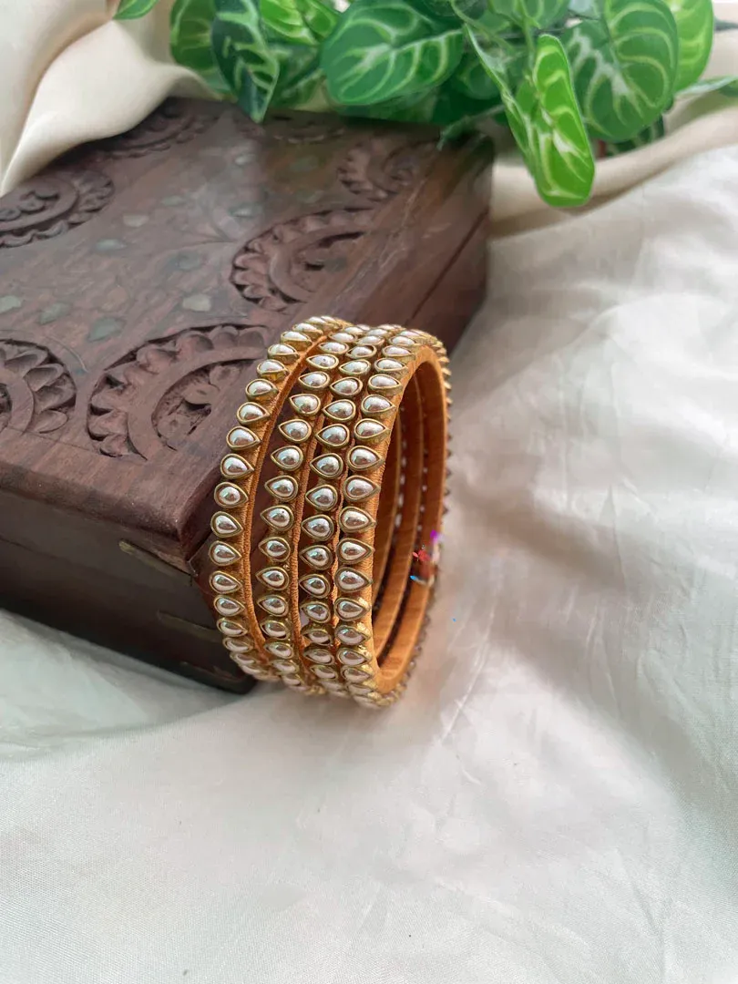 Pearly White Thin Silk Thread Kundan Bangle -Tilak